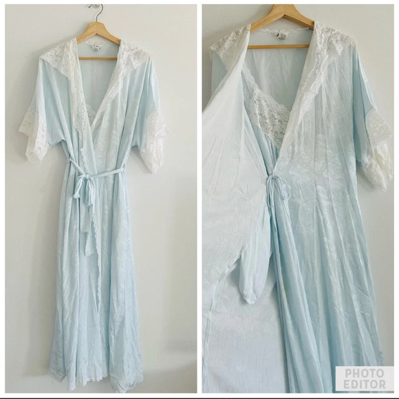 Vintage DIOR Nightgown Set Baby Blue Satin Maxi Dress OS